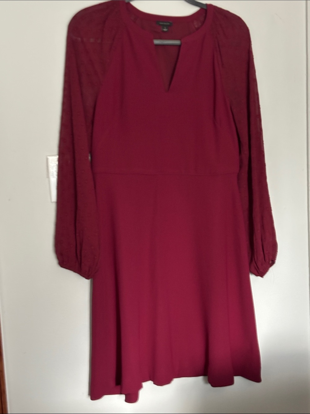 Ann Taylor Burgundy Long-Sleeve Swiss Dot Sleeve A-Line Dress